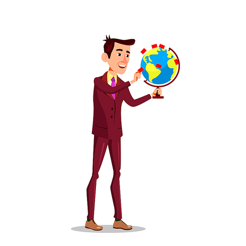 Businessman With A Globe And Pointer Mark Flag Vector Flat Illustration