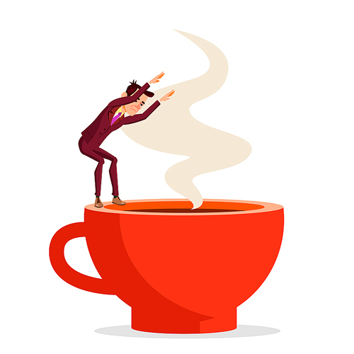 Businessman Stands On Edge Of Cup Of Coffee Ready To Jump Into It Vector Flat Illustration