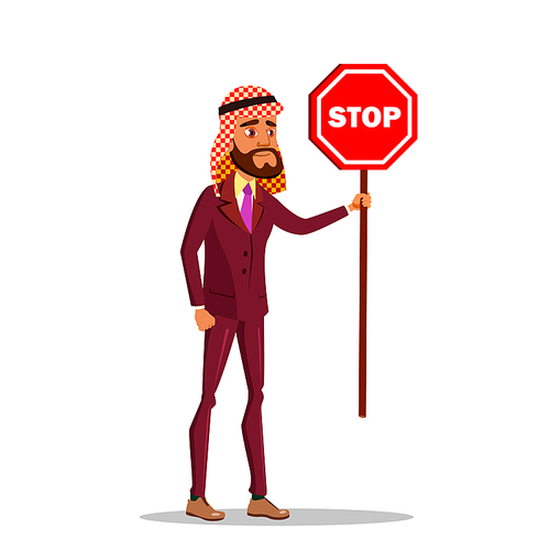 Arab Businessman Standing With Stop Sign Vector Flat Illustration