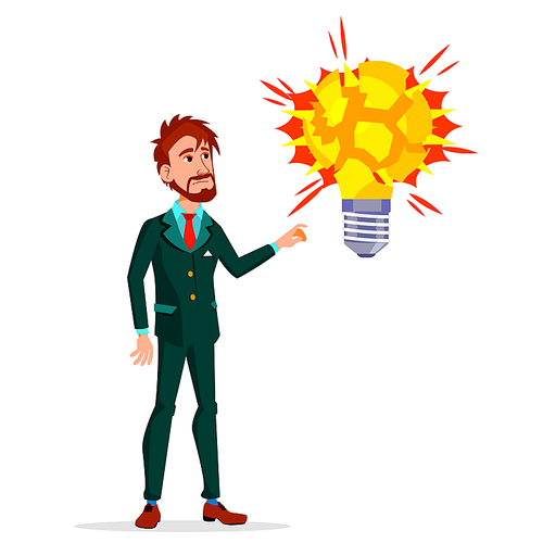 Frightened Sad Manager Near A Big Exploding Yellow Light Bulb Vector Cartoon Illustration