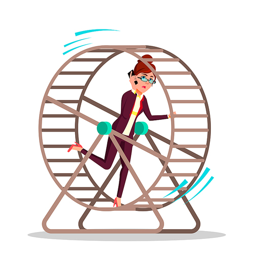 Businesswoman Running Inside A Rat Wheel Vector Flat Illustration