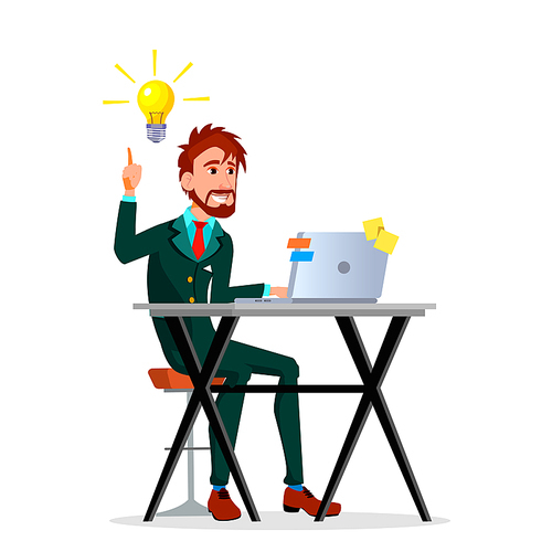 Yellow Light Bulbs Pouring From Head Of Businessman Working At Laptop Vector Flat Illustration