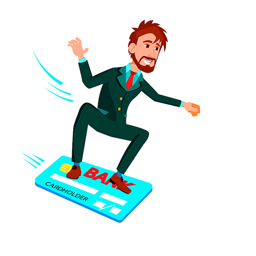 Businessman Sliding On Credit Card Like On Snowboard Vector Flat Illustration