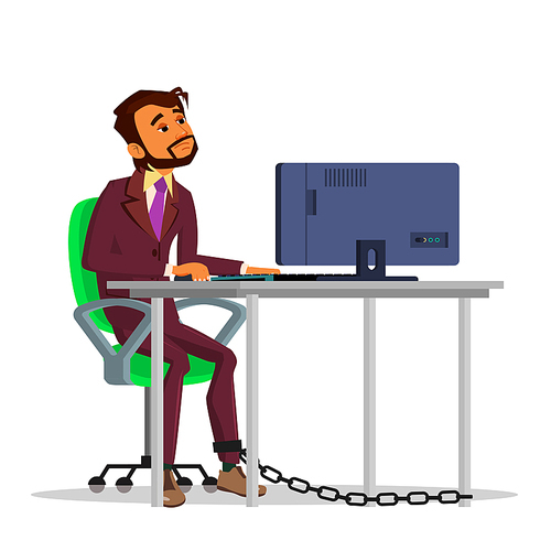 Indian Chained Businessman Working On Laptop At Table Vector Cartoon Illustration