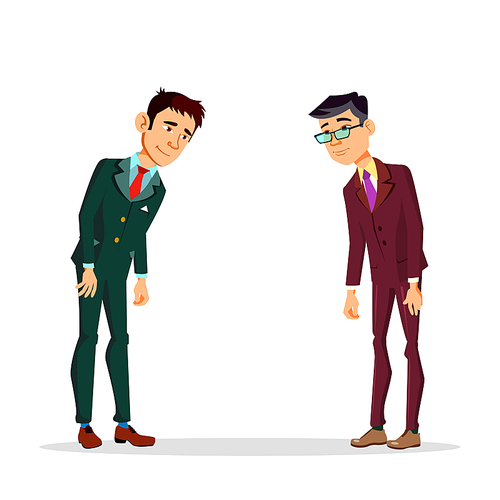 Two Asian Japanese Businessmen Bowing To Each Other Vector Cartoon Illustration