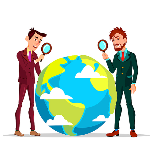 Two Businessmen Looking At Earth Through Magnifying Glass Vector Cartoon Illustration