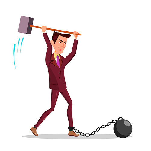 Angry Businessman Cutting Iron Chain With Big Hammer Vector Cartoon Illustration