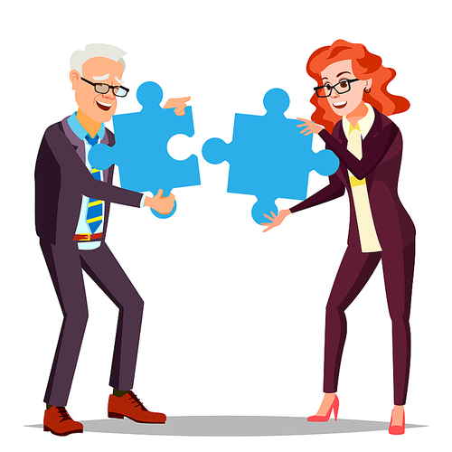 Partnership Vector. Businessman Man, Woman Holding In Hands Two Large Puzzles And Put Together. Illustration