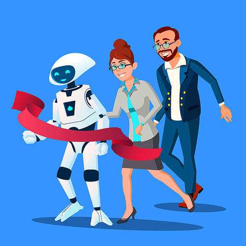 Competition, Robot First Came To The Finish Line, Faster Than People Vector. Illustration