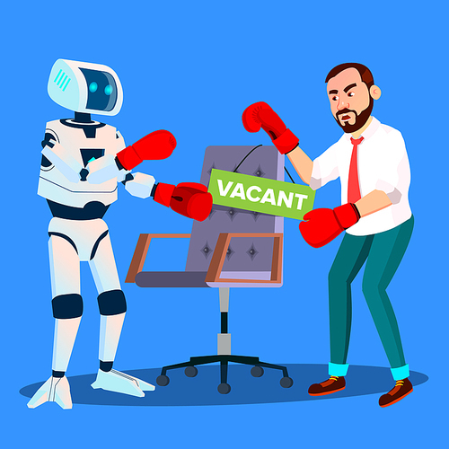 Robot Boxing With Businessman For Vacant Place At Work, HR Concept Vector. Illustration