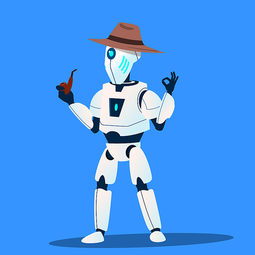Robot Detective In Hat And Tobacco-Pipe Vector. Illustration
