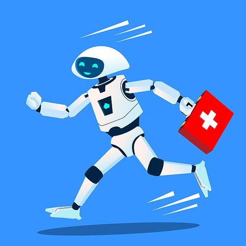 Robot Runs With A Medical Kit, Ambulance Vector. Illustration
