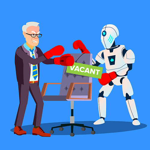 Robot Boxing With Businessman For Vacant Place At Work, HR Concept Vector. Illustration