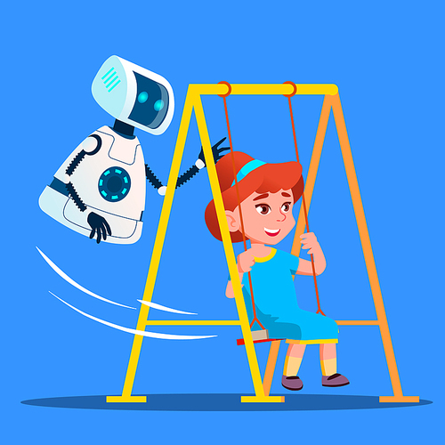 Robot Swinging Little Girl On Swing On Playground Vector. Illustration