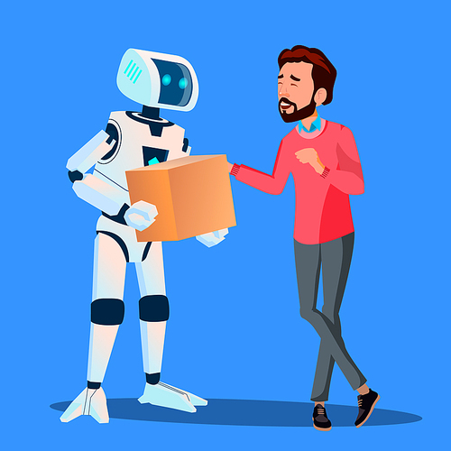 Robot Delivering Packages To Man Vector. Illustration