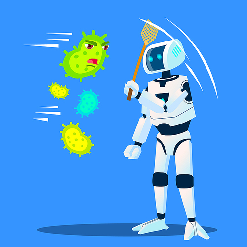 Robot Drives Away Bacteria Flying Around Vector. Illustration