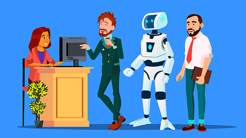Robot Standing In Line Among People At Check-In Desk Vector. Illustration