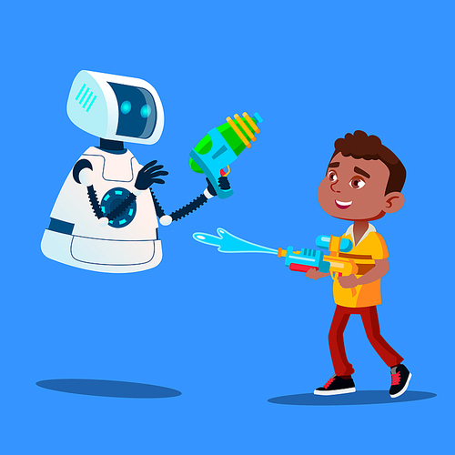 Robot And Little Boy Having Fun With Water Guns Vector. Illustration