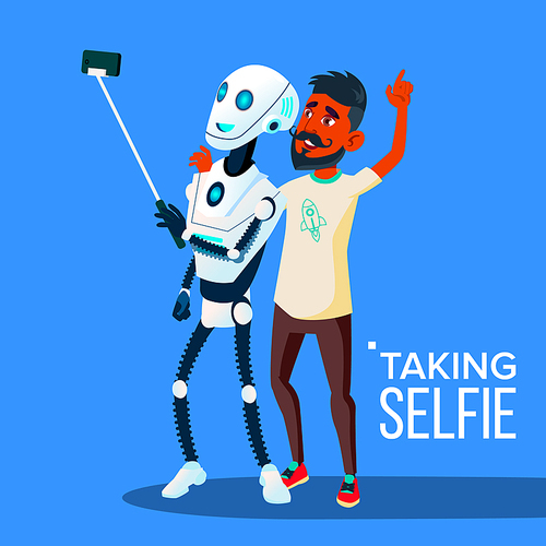 Robot Takes A Selfie On Smartphone With Friend Guy Vector. Illustration