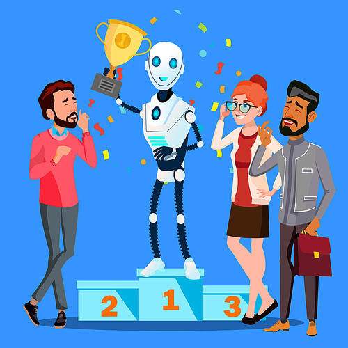 Robot Winner Stands On First Place Of Podium Among People Vector. Illustration