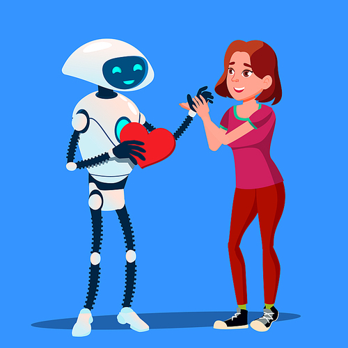 Robot In Love With Girl, Red Heart Vector. Illustration
