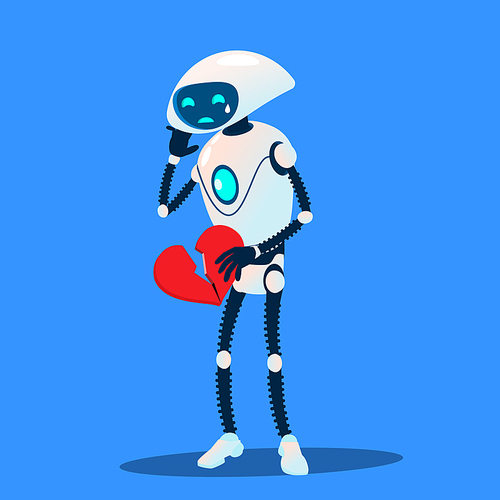 Crying Robot Holding A Broken Heart In Hands Vector. Illustration