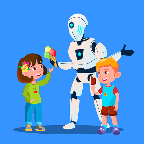 Robot Offering Ice-Cream To Kids Vector. Illustration