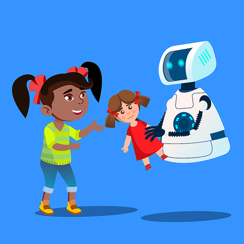 Robot Offering A Stuffed Toy To Little Cute Girl Vector. Illustration