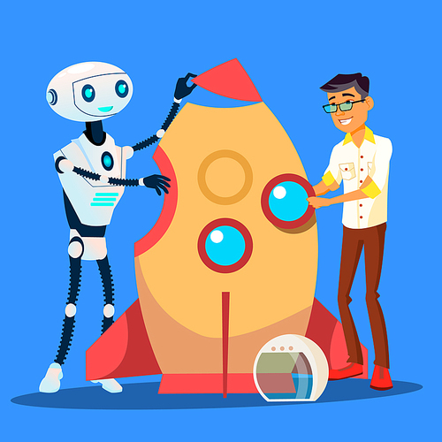 Man And Robot Are Building A Rocket Together Vector. Illustration