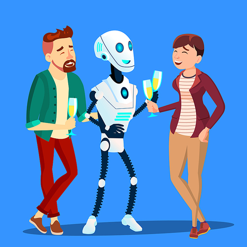 Robot Drinking Champagne And Laughing At Party With Man And Woman Vector. Illustration