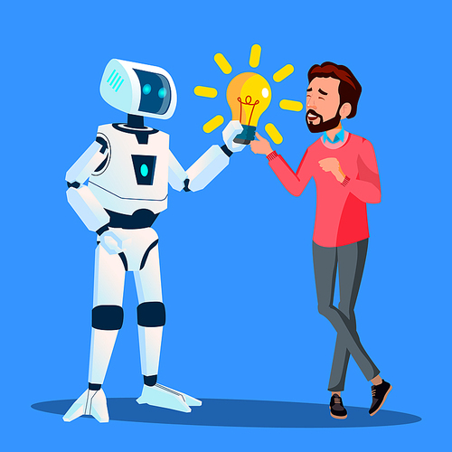 Robot Gives Yellow Light Bulb To Businessman Vector. Illustration