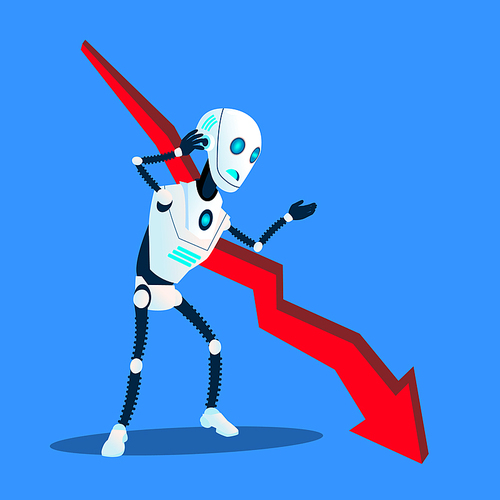 Robot With Falling Down Decreasing Business Trend Chart Vector. Illustration