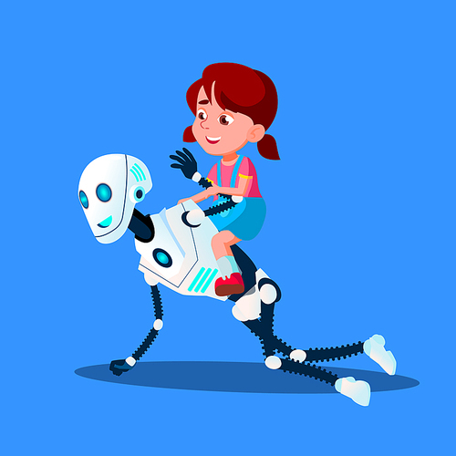 Robot Playing With Little Kid Girl Sitting On His Back Vector. Illustration