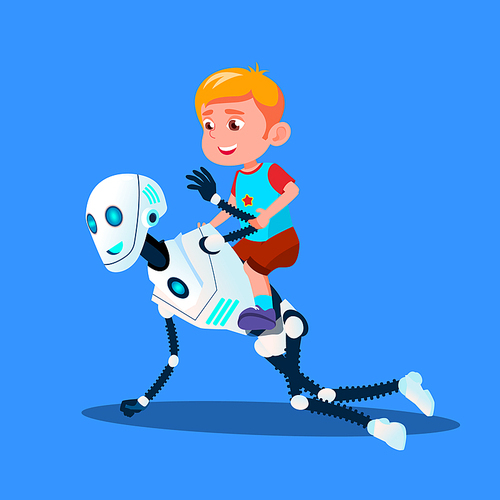 Robot Playing With Little Kid Boy Sitting On His Back Vector. Illustration