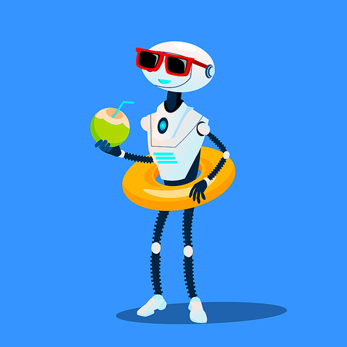Robot On Vacation With Inflatable Circle And Cocktail Vector. Illustration
