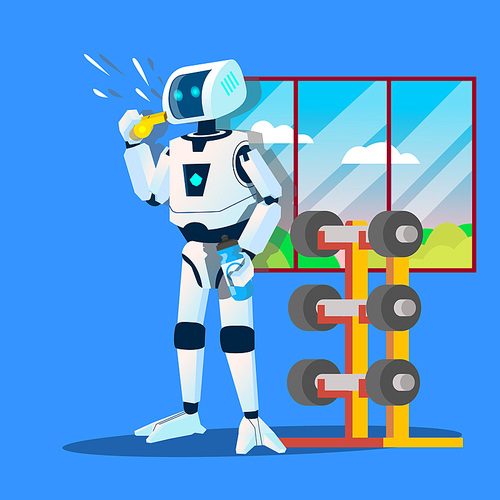 Robot Sports Coach Whistles In Gym Vector. Illustration