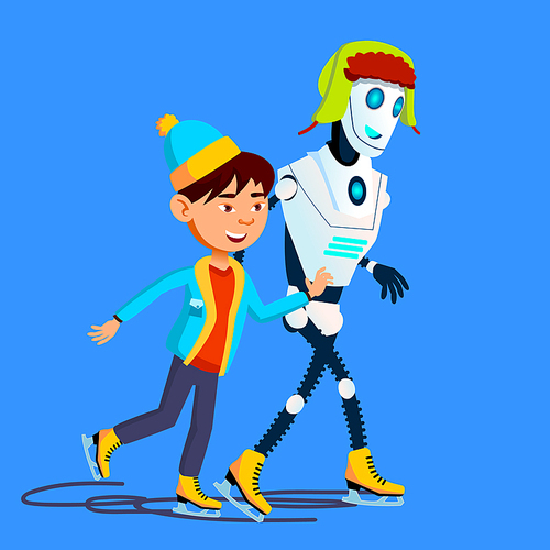 Robot Skates On Ice With Child In Winter Vector. Illustration