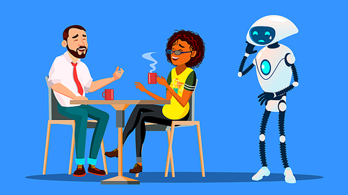 People Hanging Together In Restaurant And Ignoring Sad Robot Staying Alone Vector. Illustration
