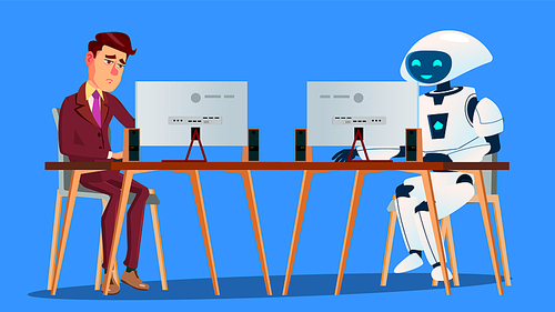 Working Robot Vs Tired Businessman Working On Computer Vector. Illustration
