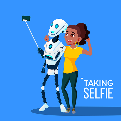 Robot Taking A Selfie With Smartphone Vector. Illustration