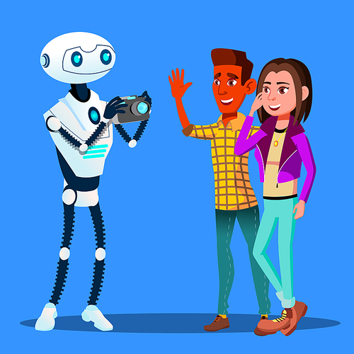 Robot Takes Pictures Of Young Happy Couple Man And Woman Vector. Illustration