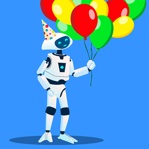 Robot Have Fun With Balloons In Hand And Festive Cap On Head Vector. Illustration
