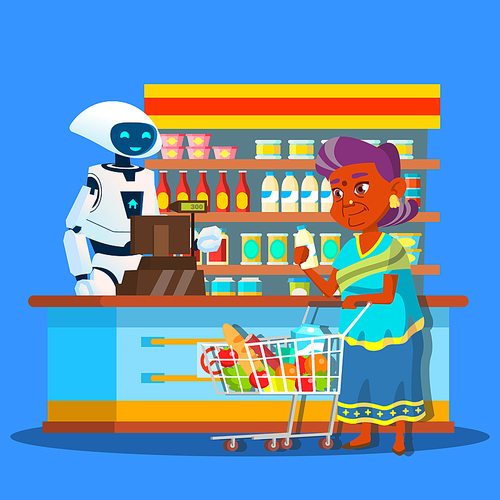Root Seller In Store With Buyer Near Cashier Vector. Illustration