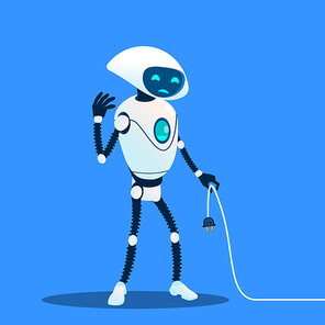 Tired Robot Holding Charging Cord Vector. Lost Connection. Illustration