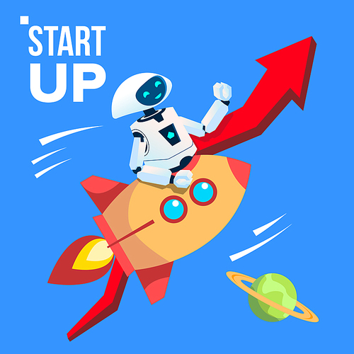 Robot Going By Space Rocket Vector. Start Up. Illustration