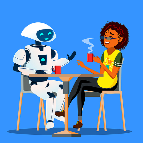 Robot Having A Good Time With Friend Woman At Table In Cafe Vector. Illustration