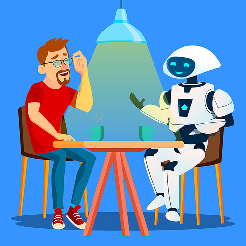 Robot Having A Good Time With Friend Man At Table In Cafe Vector. Illustration