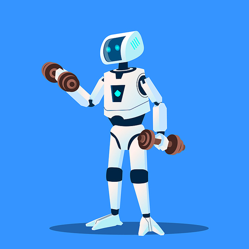 Robots Doing Sports In Gym Vector. Illustration