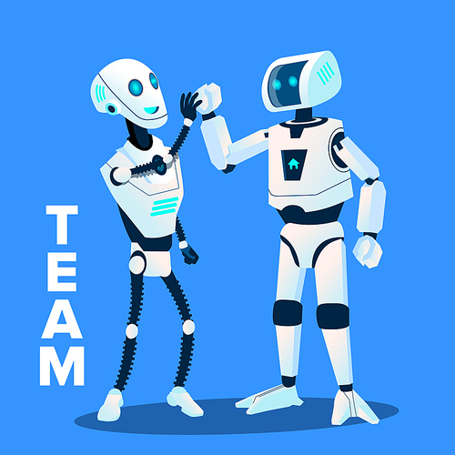 Team, Two Robots Give Five To Each Other Vector. Illustration