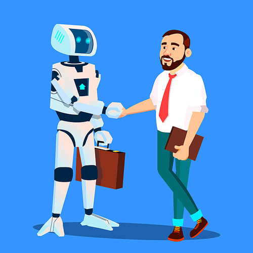 Robot With Briefcase Shakes Hands With Businessman Vector. Illustration